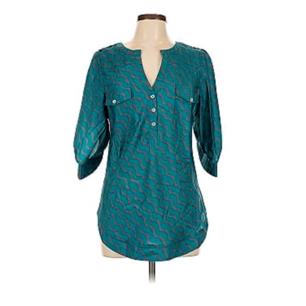 EUC - Hawthorne 41 - Pleated Sleeve Tunic Blouse - Green/Copper Zig-Zag - M